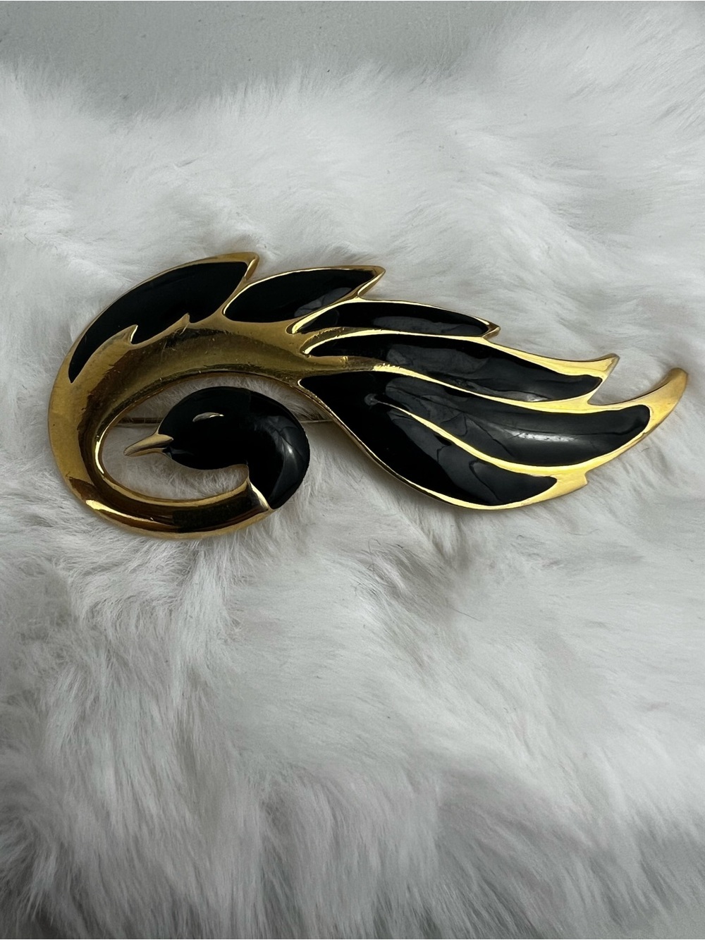 Vintage Gold Tone w/ Black Enamel Swan Brooch